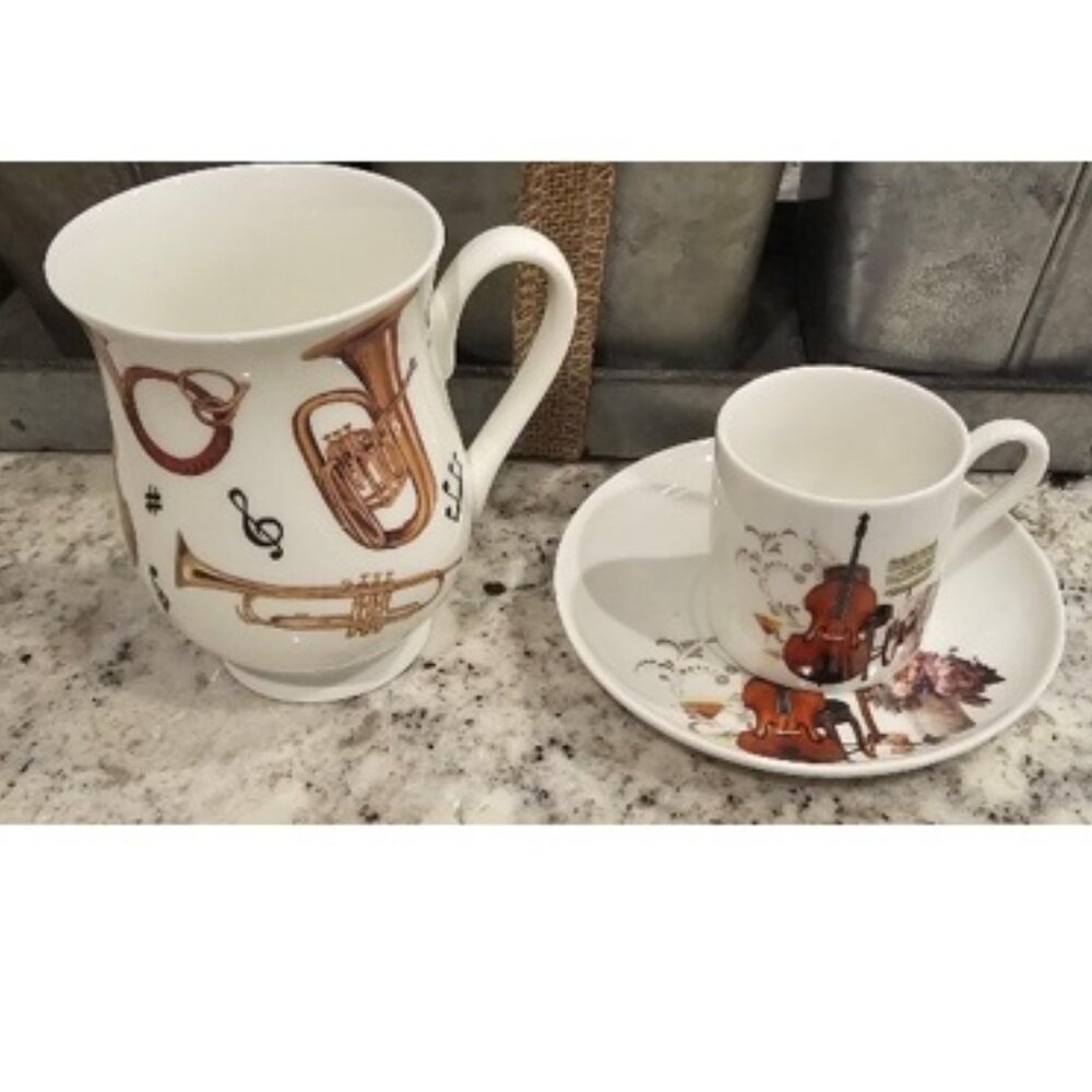 Porcelain Coffee Cup, Espresso Tea Cup, Saucer Violin Cello Musical Instruments